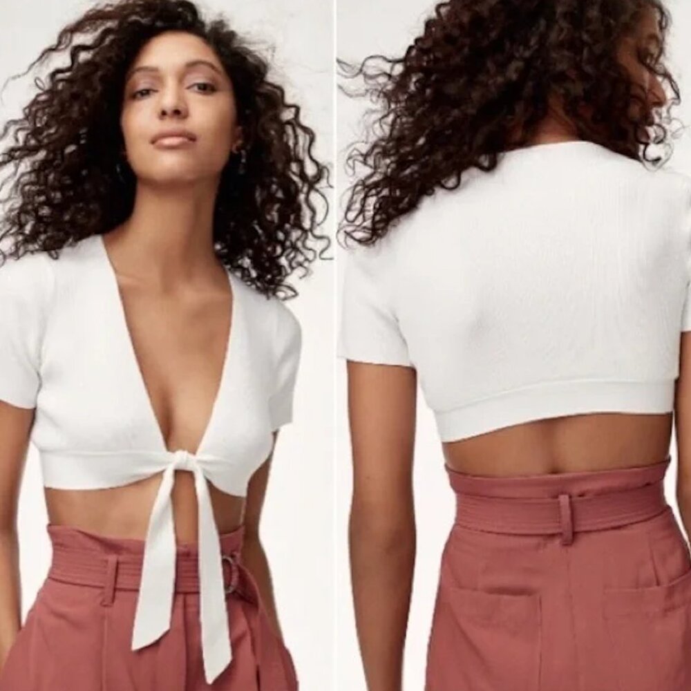 Aritzia Wilfred Knit Tie-Front Short Sleeve Crop Top